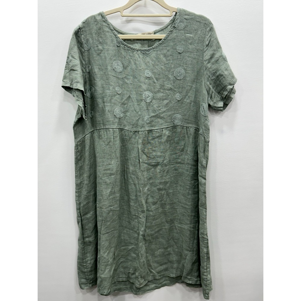 Terzo Millennio Dress Womens Small Sage Green Linen Embroidered Artsy Italy